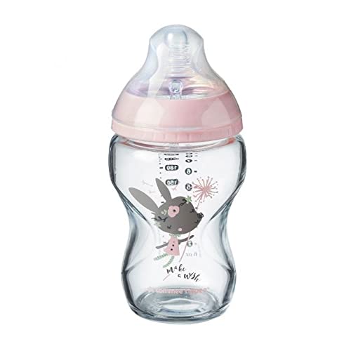 Tommee Tippee Closer to Nature Glass Baby Bottle, Slow Flow Breast-Like Teat with Anti-Colic Valve, 250ml, Pack of 1, Colours May vary