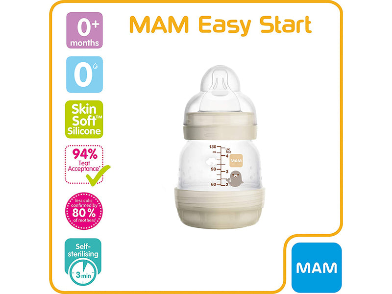 MAM Easy Start Self Sterilising Anti-Colic Bottle (1 x 130 ml), Baby Bottle with Slow Flow MAM Teat Size 1, Newborn Baby Feeding Essentials, White