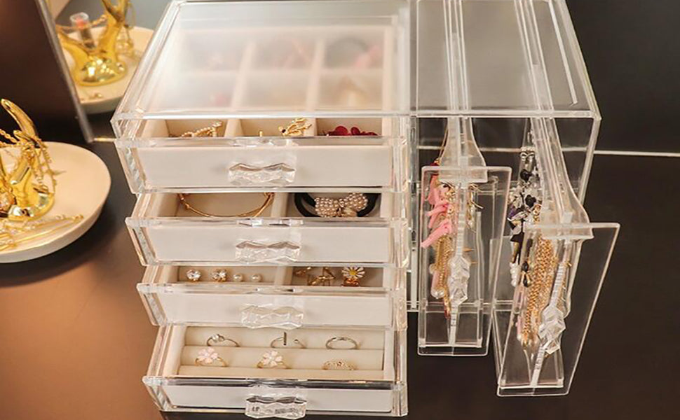 Jewellery Velvet Organiser Box Clear Acrylic Storage with 6 Drawers for Earring Bangle Bracelet Necklace and Rings Holder Beige for Girls Women