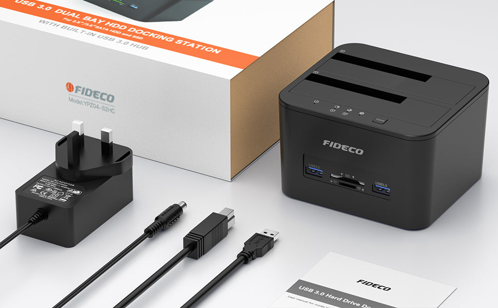 FIDECO Docking Station, USB 3.0 Hard Drive Docking Station for 2.5 and 3.5 inch SATA HDD or SSD, Support Offline Clone, TF & SD Card Reader, and 2x 18TB Hard Drives