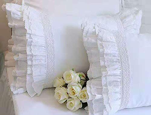 2 PCS Lace White Pillowcases Pillow Shams Covers with Ruffles Egypt Cotton Standard Size 50x75 CM Luxury Princess