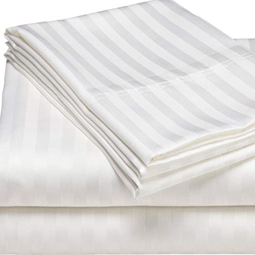 Double Size Hotel Quality Flat Sheet - Soft White Striped Mattress Sheets Double 300 Thread Count – Easy Care