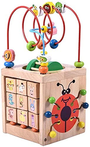 Wooden Activity Cube 7 in 1 Wooden Shape Sorter Activity Centre Multifunctional Educational Bead Maze Clock Rollercoaster Abacus Puzzle Animal Alphabet Number Toy for Child Kids Boys Girls
