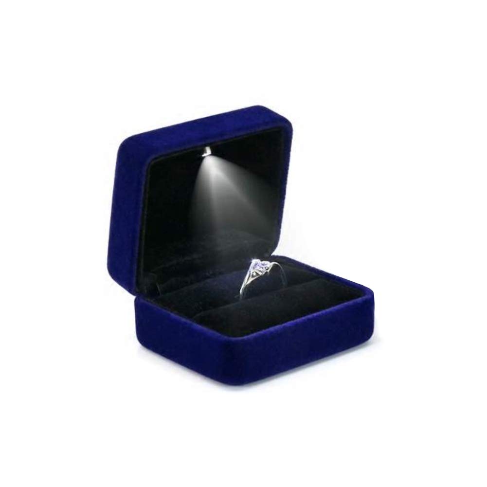 LaMure Square Velvet Ring Case Gift Box with LED Light,Engagement Ring Earring Jewelry Case Box for Proposal Engagement Wedding (Blue)