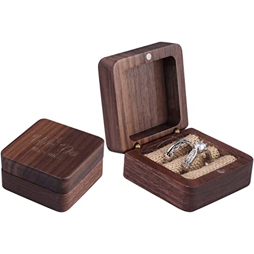 RUIYELE We Do Brown Wedding Ring Box with Magnetic Retro Wood Ring Bearer Rustic Wooden Vintage Ring Holder Walnut Jewelry Storage Box Gift Holder for Proposal Wedding Engagement Birthday-Square