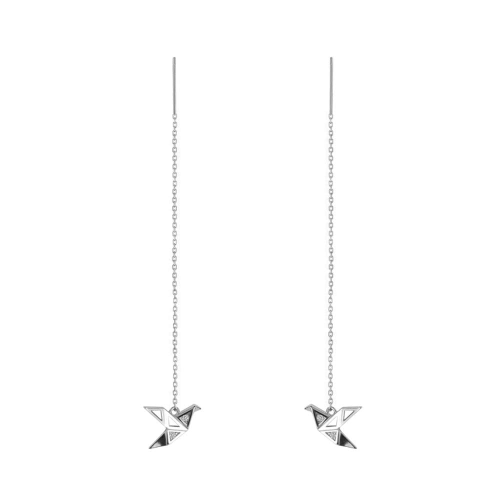 Origami Paper Crane Dangle Drop Earrings Sterling Silver Good Luck Cute Tassel Threader Long Chain Ear Line Stud Earring Minimalist Jewelry Gifts Hypoallergenic for Women Girls