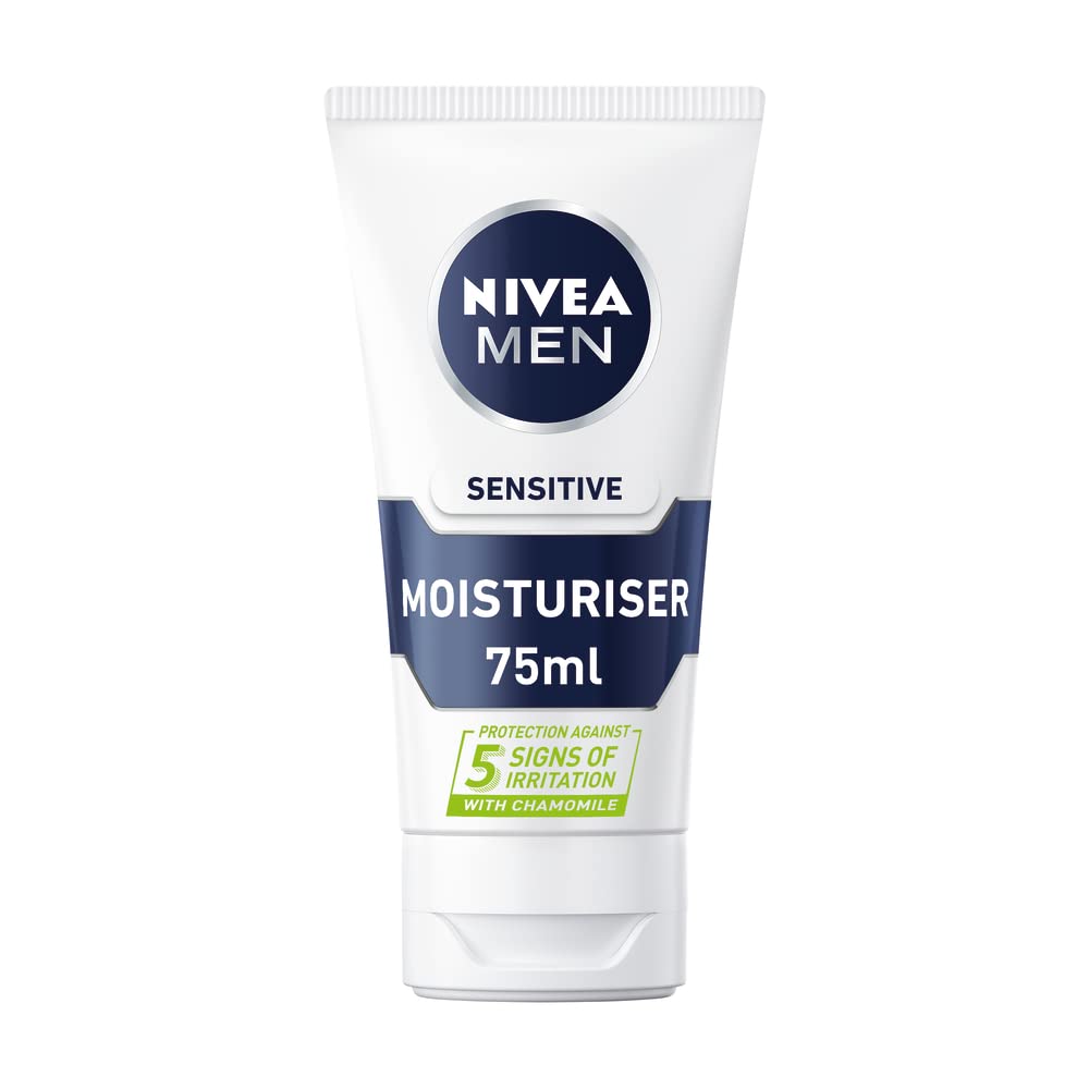NIVEA MEN Sensitive Face Moisturiser (75ml), Men's Moisturiser with Zero Percent Alcohol, Sensitive Skin Moisturiser, Men's Skin Care Essentials