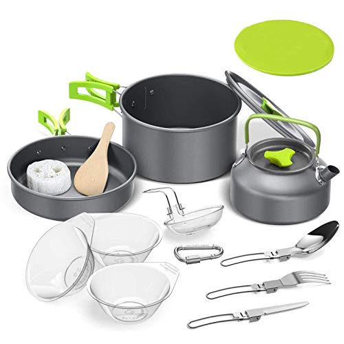 Camping Cookware Kit,Outdoor Cooking Set with Kettle,Lightweight Camping Pot and Pan for 2 to 3 People Camping,Hiking,Picnic