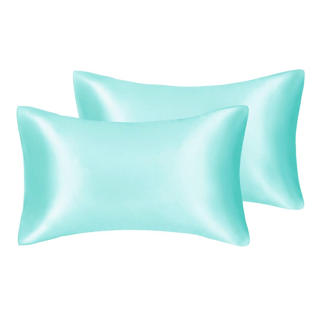 Juwenin Home Silky Satin Pillow Case for Hair & Facial Skin to prevent wrinkles Hidden Zipper (Aqua Blue, Standard(50x75cm) 2 Pk)