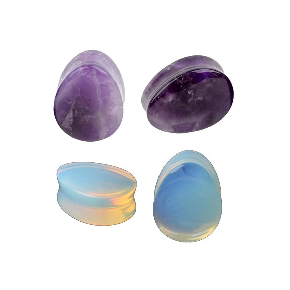 2Pairs Opalite Moon Stone Amethyst Ear Gauges Plugs Tunnels Expanders Stretcher Natural Organic Stone Double Flared Piercing Body Jewelry