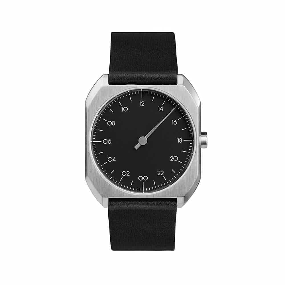 slow Mo 06 - Black Leather Silver Case Black Dial Unisex Quartz Watch with Black Dial Analogue Display and Black Leather Strap