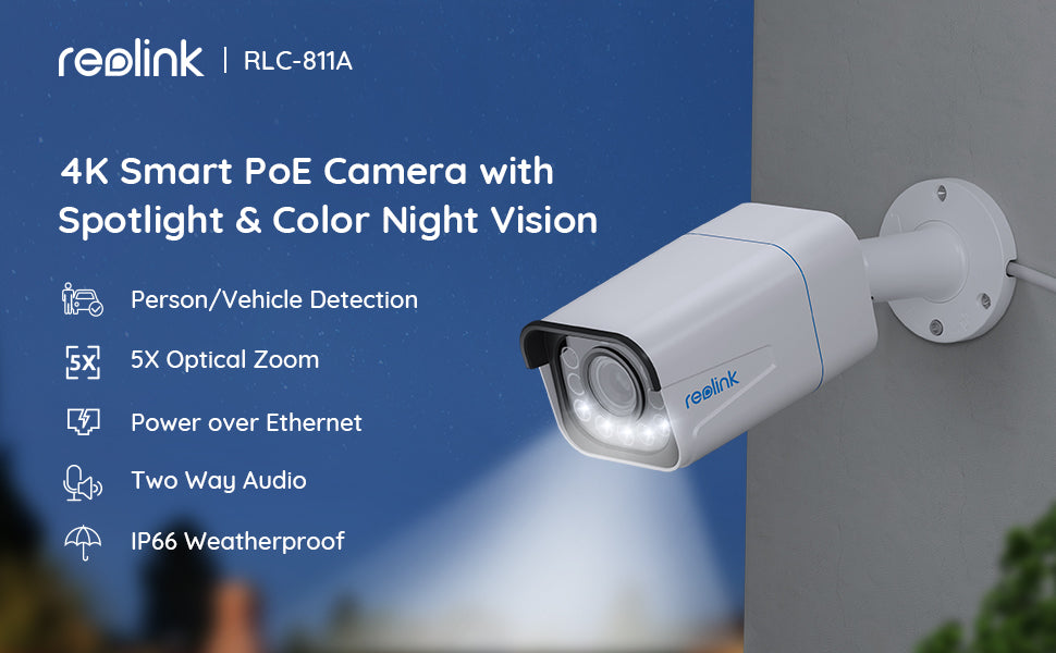 Reolink 4K PoE Security Camera with Human/Vehicle Detection, 5X Optical Zoom Outdoor IP Camera with Spotlight, Color Night Vision Motion Alerts Time-Lapse Two-Way Audio Micro SD Card Slot, RLC-811A