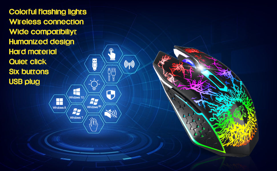 VEGCOO C10 Wireless Gaming Mouse Rechargeable Silent Optical Mice with 7 Colours LED Lights, 7 Buttons with 2400/1600/800DPI