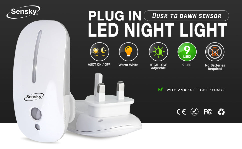 Sensky Plug in LED Night Lights Dusk to Dawn Photocell Sensor Nightlight, Two Levels of Brightness Adjustable, Night Light for Hallway, Bedroom, Kids’ Room, Kitchen, Stairway, 2 Packs