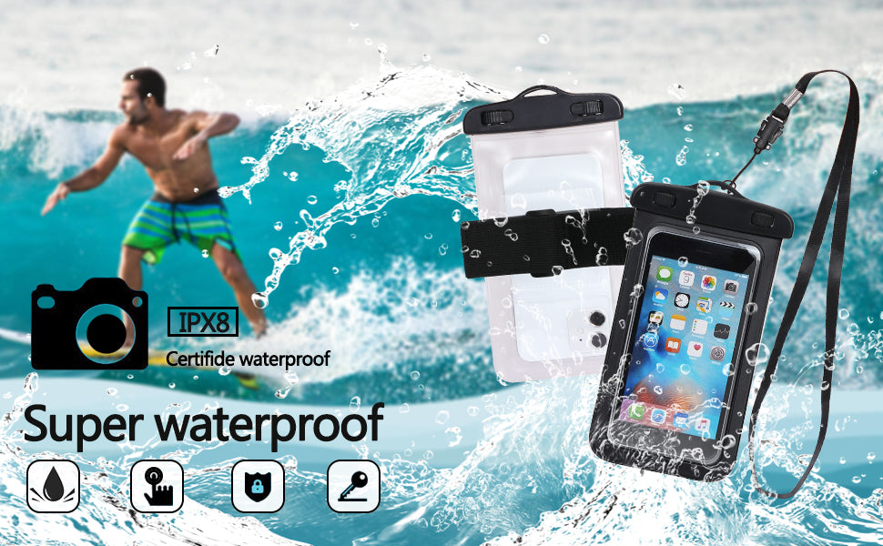 Skycase Waterproof Phone Case, Underwater Phone Pouch with Lanyard and Arm Strap (Compatible phone for 4.5-6.9 inch), Waterproof Phone Case for Beach, Swim, Boating and Kayaking, Black+White