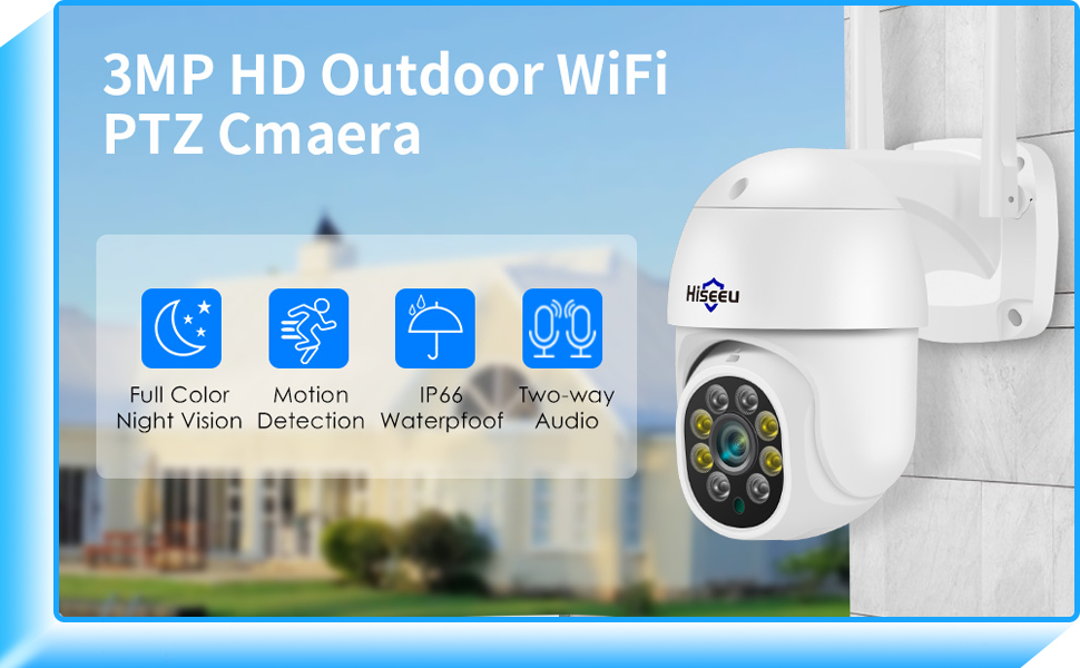 【2K+Auto Tracking】Security Camera Outdoor with Color Night Vision,Hiseeu 3MP PTZ Digital Zoom Wifi Security Camera 360° View CCTV Camera with 2-Way Audio,Auto Cruise,Remote Access,IP66 Waterproof