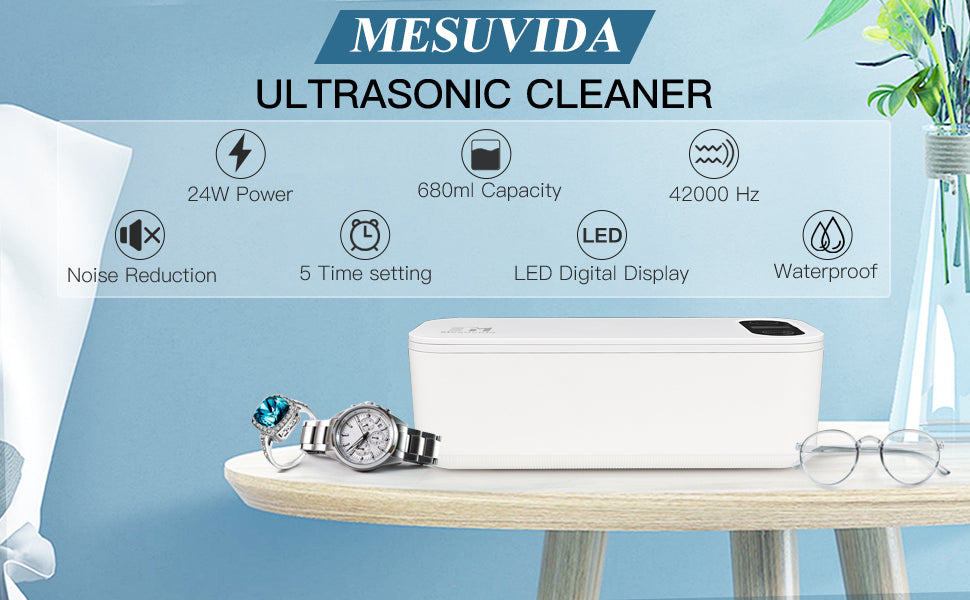 Mesuvida Ultrasonic Cleaner, 680ml 42kHz Ultrasonic Jewellery Cleaner, Portable Touch Screen Digital Display Sonic Cleaner with 5 Time Modes, Glasses Jewelry Dentures ultrasonic Cleaning Machine