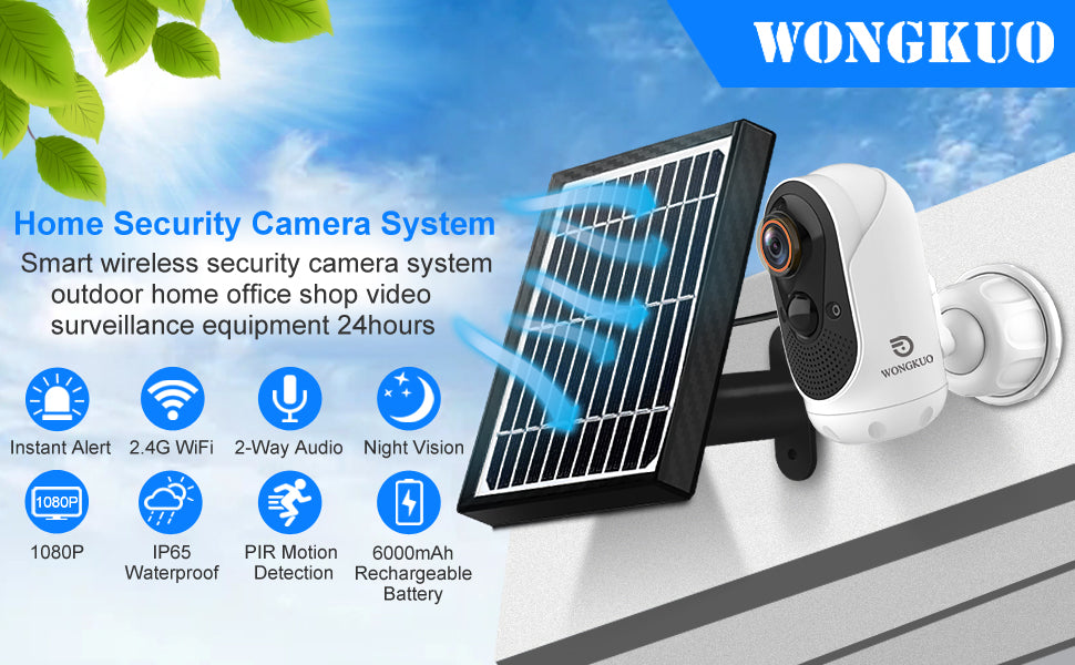 WONGKUO Solar Security Camera Outdoor Wireless - WiFi Rechargeable Battery Powered Camera with Solar Panel, 1080P Smart Home CCTV Camera PIR Human Detection, Night Vision, 2-Way Audio, Waterproof