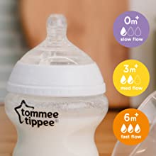 Tommee Tippee Closer to Nature Glass Baby Bottle, Slow Flow Breast-Like Teat with Anti-Colic Valve, 250ml, Pack of 1, Colours May vary
