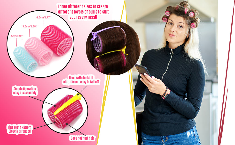 KHEERANA 30 Pieces Hair Rollers - 18 Self Grip Rollers, 12 Duckbill Clips - Salon Hairdressing Hair Curlers 44mm, 36mm And 25mm for Curling and Hair Styling (Rollers+Clips) (30 PCS)