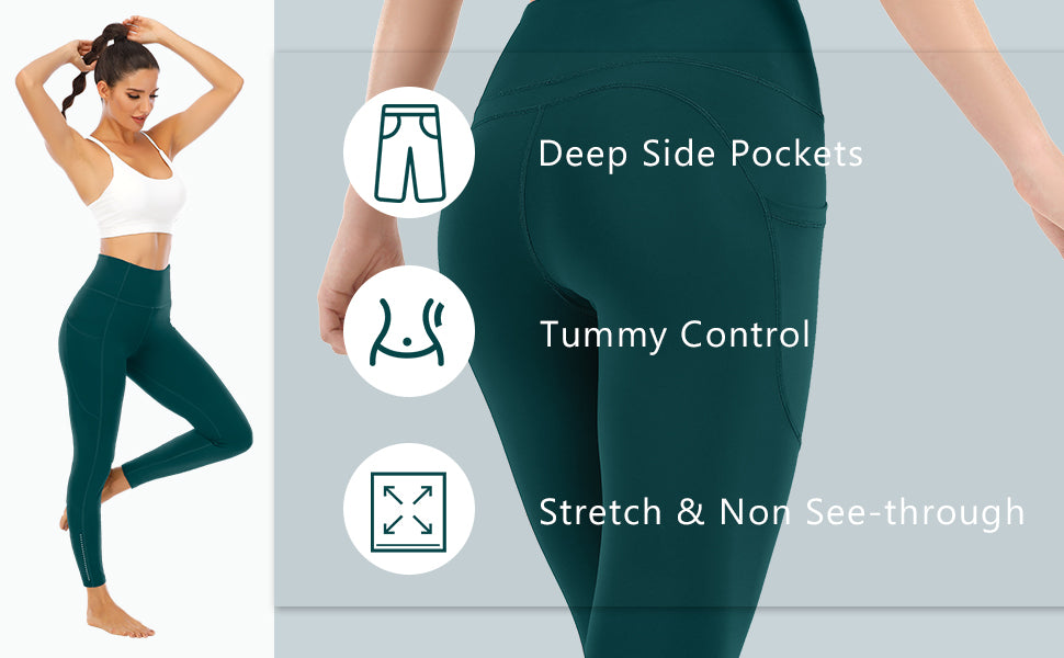 Leovqn High Waist Gym Leggings for Women with Side Pockets Stretch Yoga  Pants for Workout Running Sports