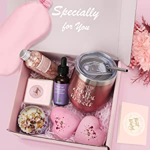 Pamper Gifts for Women Birthday, Sleep & Relax Relaxation Bath Gifts Set for Her, Mum Self Care Pamper Hamper with Lavender Essential Oil, Bath bomb, Bath Salt, Soap, Candle, Wine Tumbler, Sleep Mask