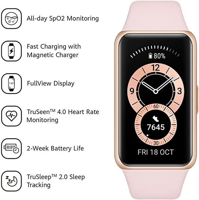 HUAWEI Band 6 - All-Day SpO2 Monitoring, 1.47" FullView Display, 2-Week Battery Life, Fast Charging, Heart Rate Monitoring, Sleep Tracking, 96 Workout Modes, Message Notifications, Sakura Pink