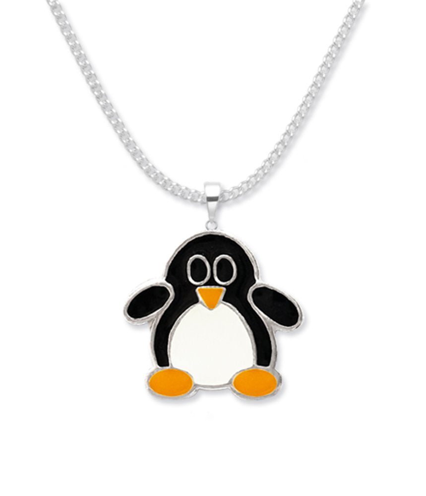 Children's Sterling Silver Penguin Necklace on 14" (36cm) silver chain - Enamel on silver - Size: 14mm x 15mm. Gift Boxed. 4832/14