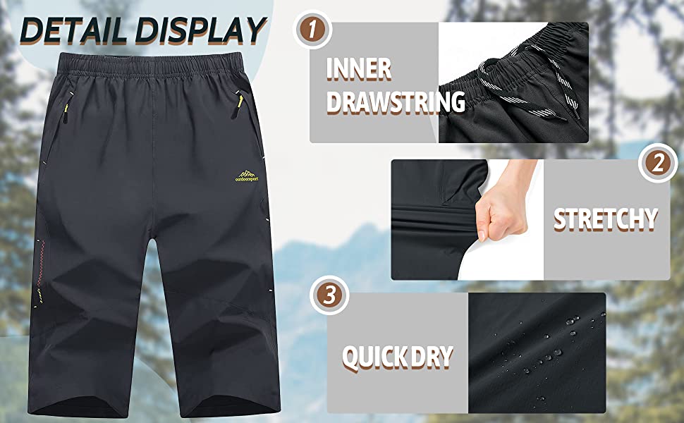 TACVASEN Men's Quick Dry Breathable Outdoor Sports Elastic Capri Shorts with Zipper Pockets