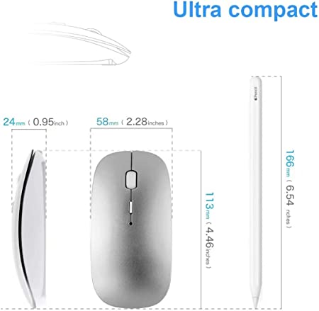 Bluetooth Mouse for Laptop/iPad/iPhone/Mac(iOS13.1.2 and Later)/PC, Rechargeable Noiseless Mini Wireless Mouse Compatible with Android/ Windows/Linux, Silver
