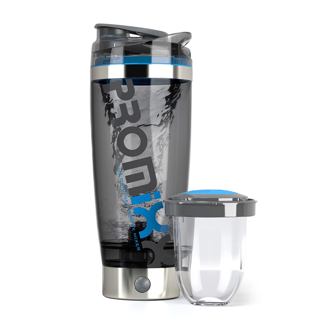 PROMiXX Pro Shaker Bottle (iX-R Edition) | Rechargeable, Powerful for Smooth Protein Shakes | includes Supplement Storage - BPA Free | 600ml Cup (Silver Blue/Gray)