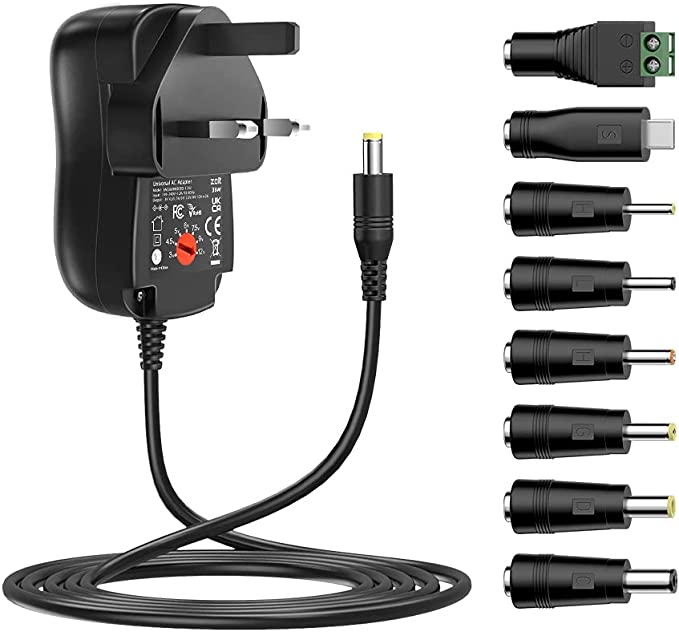 Zolt 36W Universal Power Adapter AC to DC 3V 4.5V 5V 6V 7.5V 9V 12V 1A 2A 3A Power Supply Universal Charger with 8 DC Connectors for Household Electronics, 3000mA Max