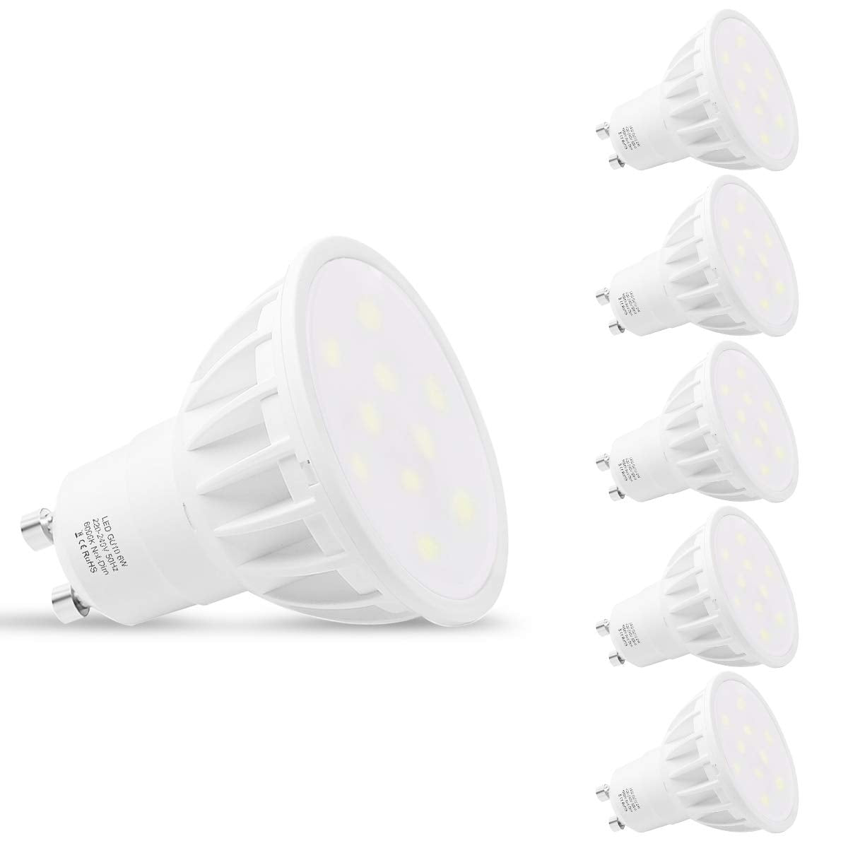 LEHASI GU10 LED Bulbs, Cool White 6000K LED Spotlight Bulbs, 500Lm, 6W Equivalent to 50W Halogen Bulb, 230V, Non Dimmable, 120 Degree Beam Angle, Lighting for Kitchens, Bedrooms, Hallways, Pack of 5