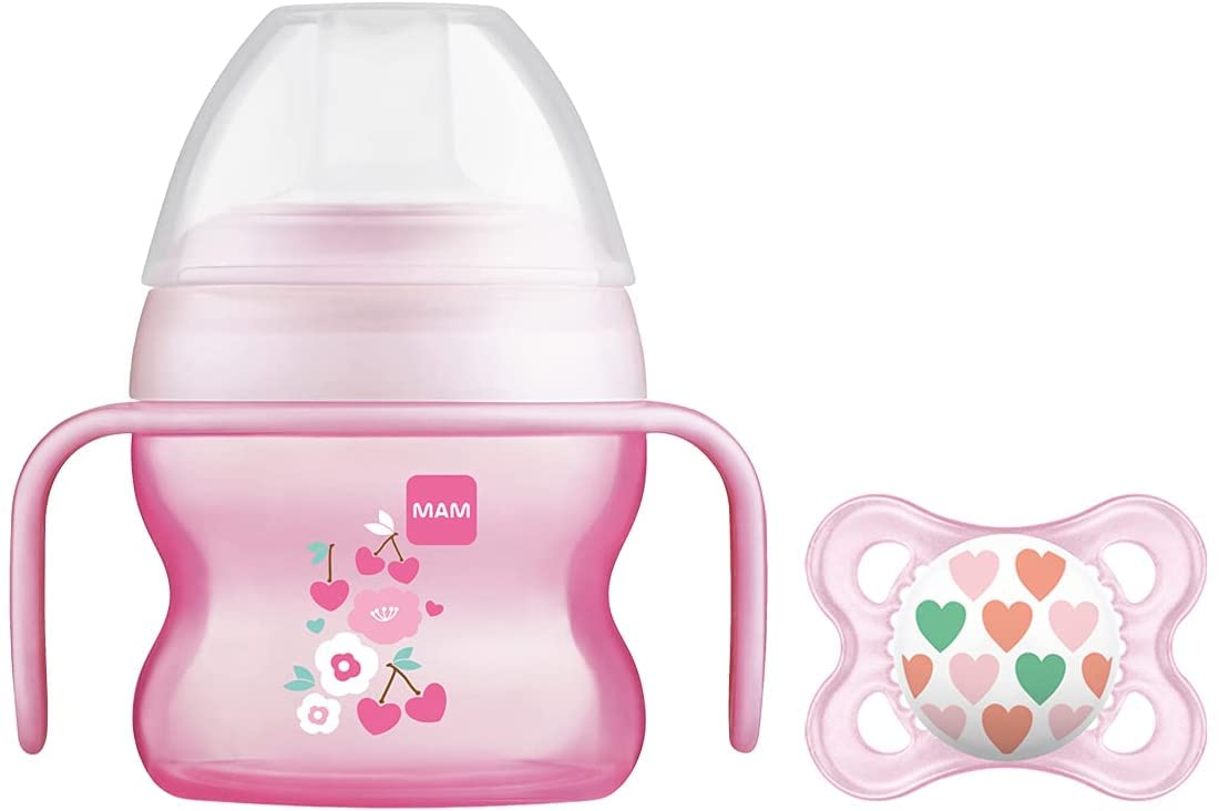 MAM Starter Cup and MAM Handles with 0+ Months Start Soother, Baby Cup for 4+ months, Baby Feeding, 1x 150 ml, Pink (Designs May Vary)