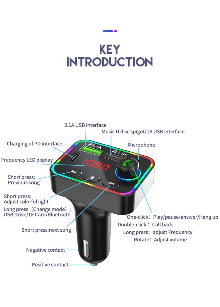 Crown Tech Bluetooth 5.0 FM Transmitter for Car, 38W PD&QC3.0 Fast Car Charger Wireless Bluetooth FM Radio Adapter Bass Sound Music Player FM Car Kit with Hands-Free Calling Support USB Drive
