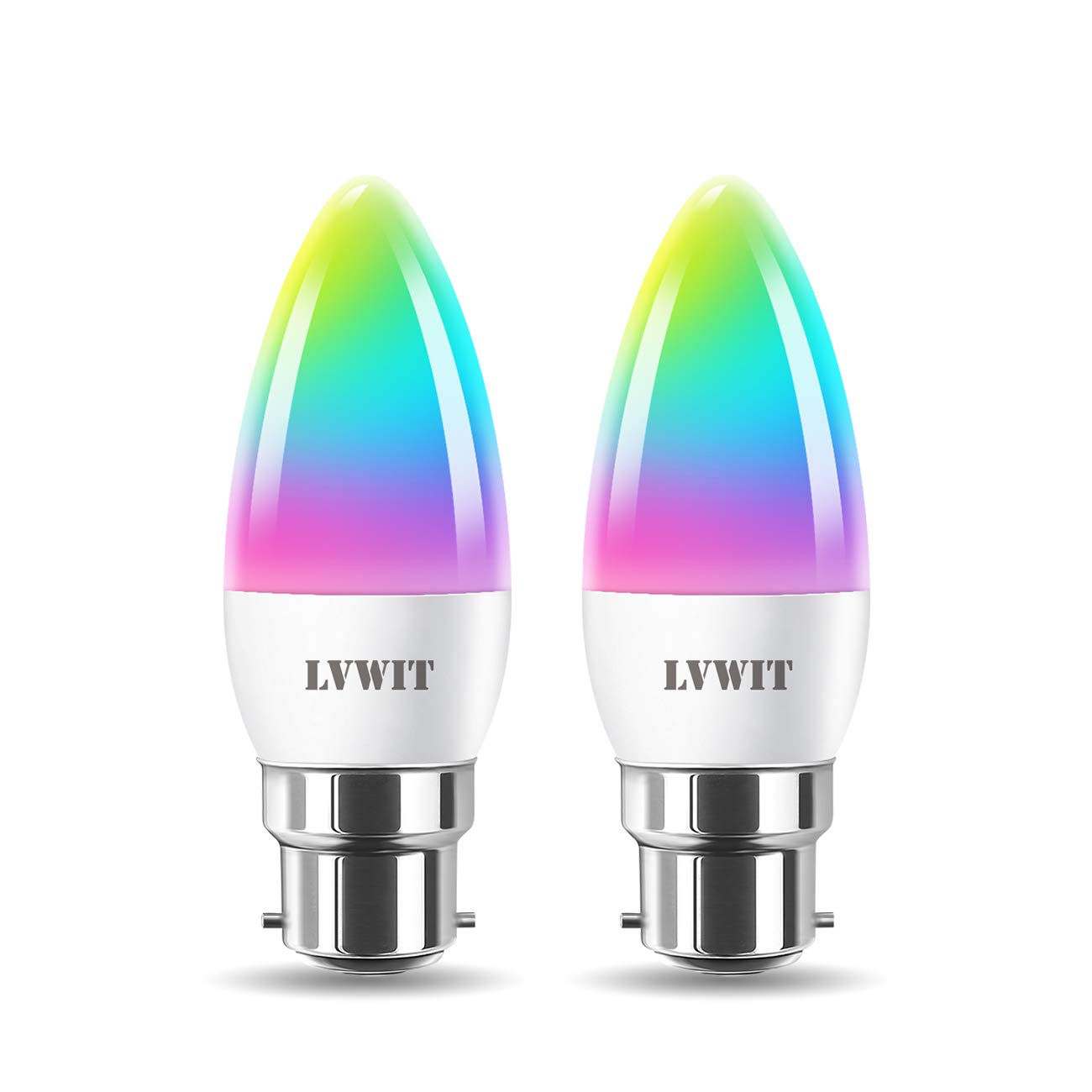 B22 Smart Candle Bulb Bayonet,LVWIT RGB Color B22 Dimmable Candle Bulbs,Music Sync Alexa WiFi Bulbs, 470Lm, Compatible with Alexa, Echo and Google Home, Alexa Candle Light Bulbs (Pack of 2)