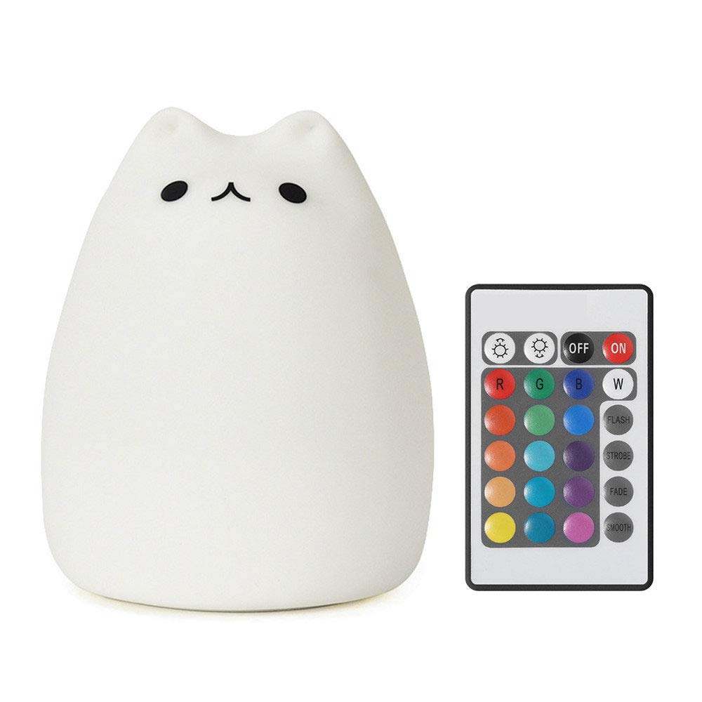 Children Multi-Colour Night Light with Remote,Silicone LED Cute Cartoon Cat Lamp, Warm White/12 Single Colours/7 Colours Changing, Brightness Adjustable, USB Rechargable