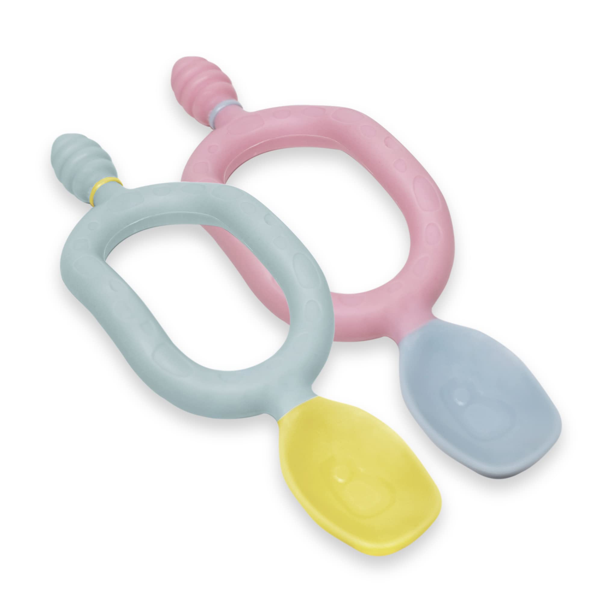 Bibado - Dippit Multi-Stage Self Feeding BPA Free Baby Spoons and Dipper, 2-Handed Multi-Grip Baby Led Weaning Spoons, baby spoons self feeding 6 months and Up, Infant Spoons, Pink and Gray, Pack of 2