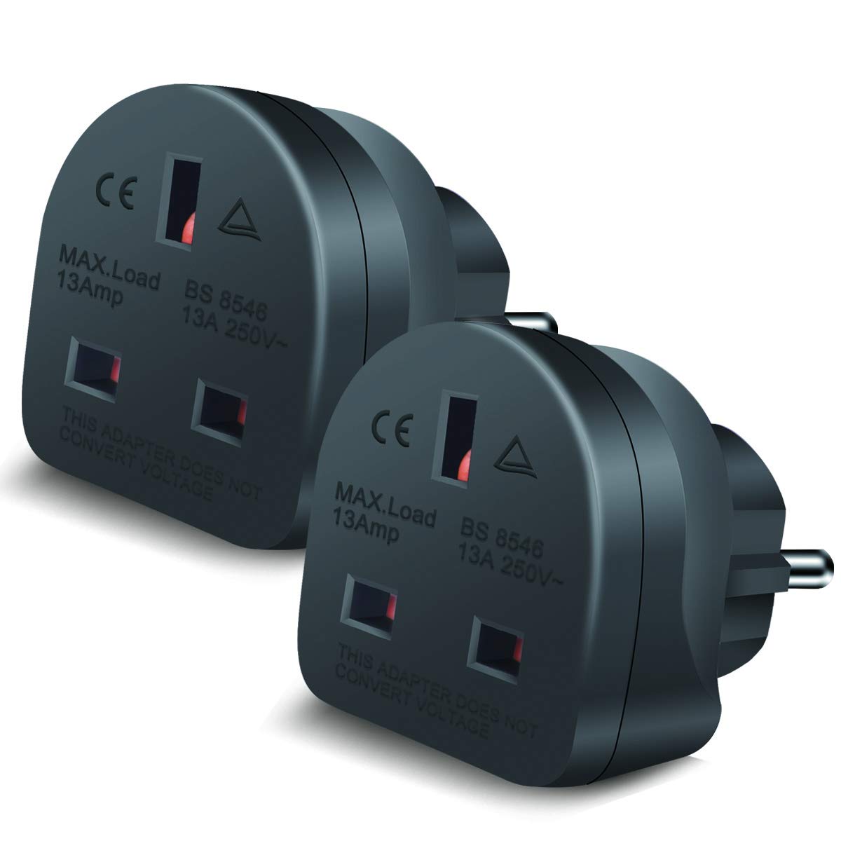 EXTRASTAR UK to EU Europe European Travel Adapter, 2 Pack 3 Pin to 2 Pin Plug Adapter Convertor for Germany, France, Spain, Portugal, Greece, Netherlands and more - Black