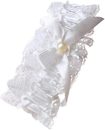 Ladies Off White Lace Garter With Pearl Bead And Bow Hen Nights Wedding Bridal