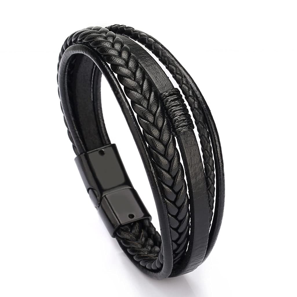 Branets Mens Bracelet Cowhide Leather Genuine Unisex Cuff Wrap Bracelet Braided Multilayer Magnetic Clasp Rope Wristband Bracelet for Men and Women