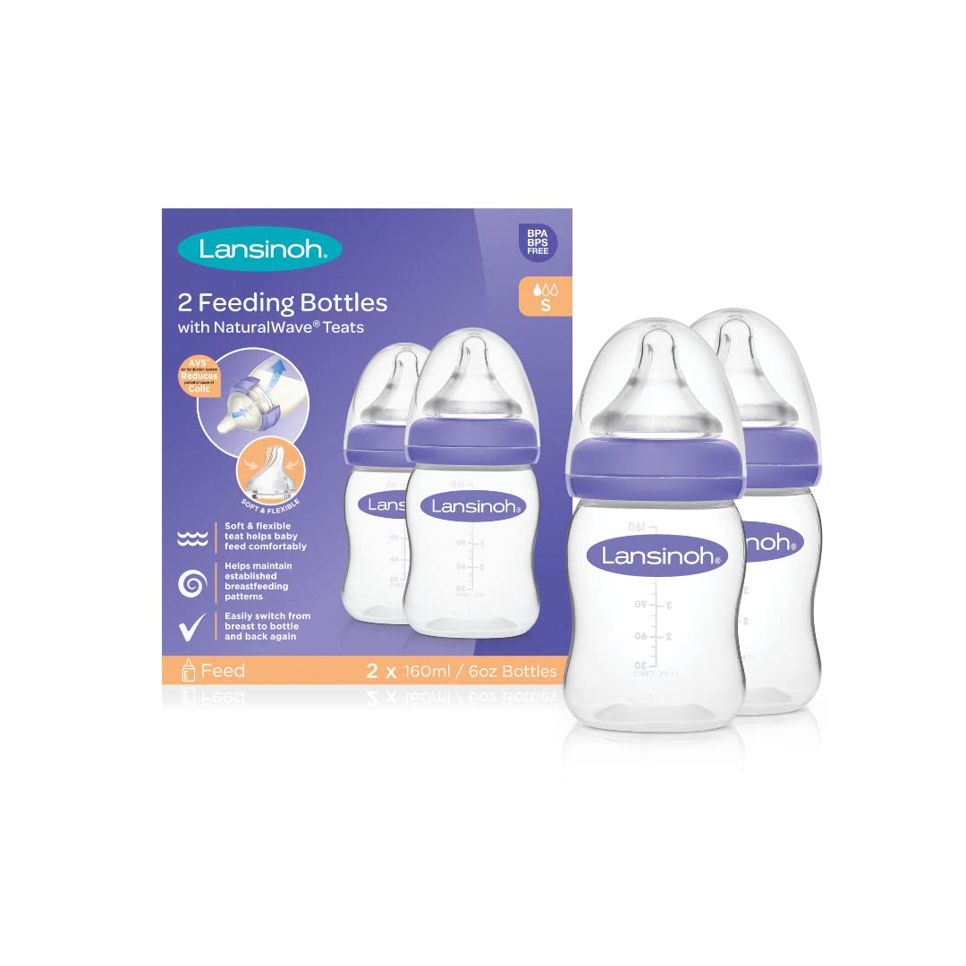 Lansinoh Baby Bottle Pack of 2 with NaturalWave Teat (160 ml), Anti-Colic, Plastic 100% BPA & BPS Free, Slow Flow Silicone Teat which is Soft and Flexible, Purple