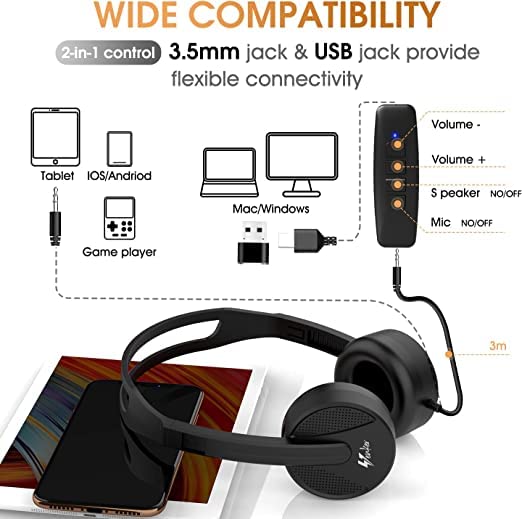 USB Headset with Microphone, USB/3.5mm Jack 2-In-1 Computer Headset with Noise Cancelling & Audio Controls for Laptop Tablet