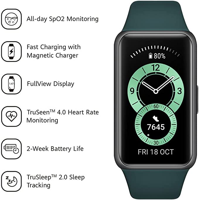 HUAWEI Band 6 - All-Day SpO2 Monitoring, 1.47" FullView Display, 2-Week Battery Life, Fast Charging, Heart Rate Monitoring, Sleep Tracking, 96 Workout Modes, Message Notifications, Forest Green