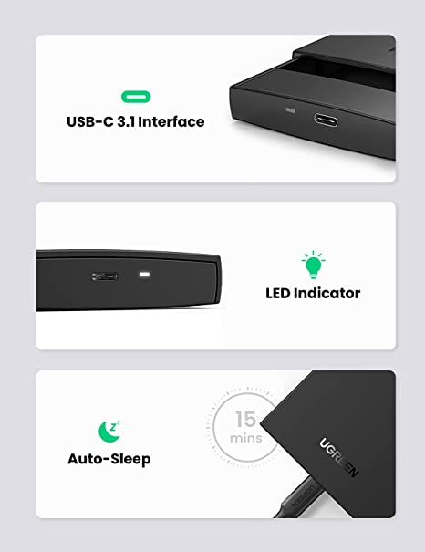UGREEN 2.5 Inch Hard Drive Enclosure, USB C 3.1 Gen2 External HDD Case with 6Gbps, 10TB, UASP, Thunderbolt 3, Compatible with SATA SSD HDD Crucial MX500 Kingston A400 EVO 870, PS4/5 PC Laptop MacBook