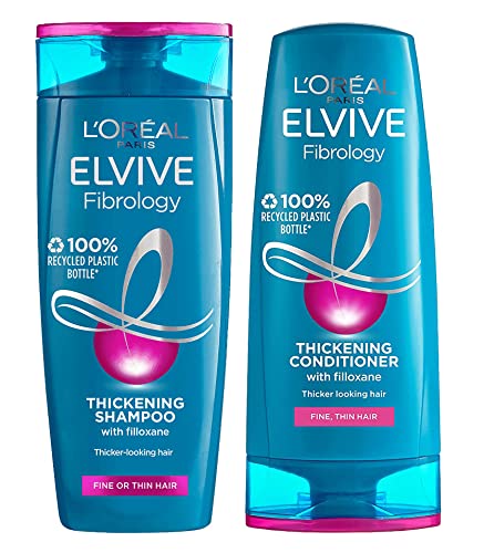 L'Oreal Elvive Fibrology Thickening Shampoo & Conditioner Set for Fine, Thin Hair, 400ml bottle of each