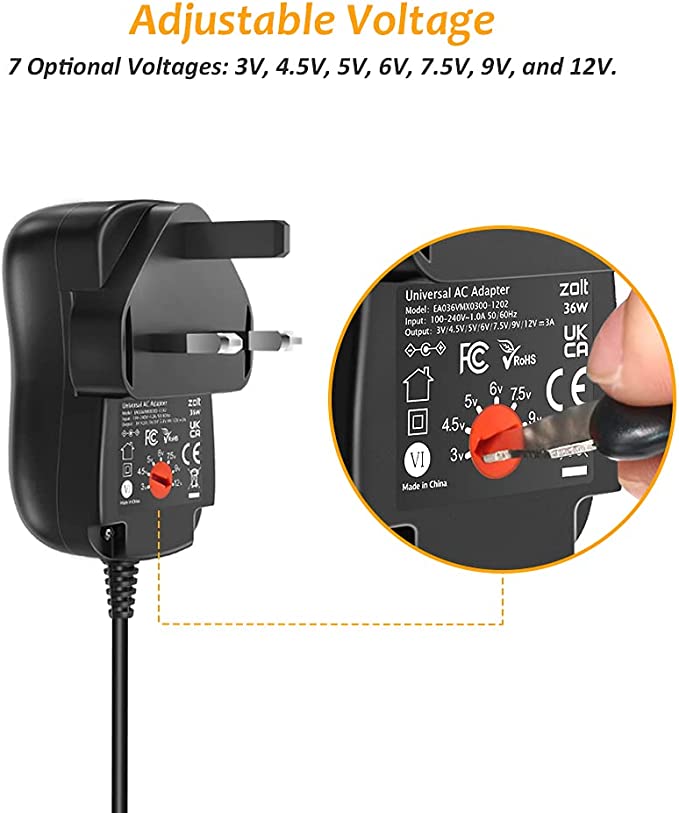 Zolt 36W Universal Power Adapter AC to DC 3V 4.5V 5V 6V 7.5V 9V 12V 1A 2A 3A Power Supply Universal Charger with 8 DC Connectors for Household Electronics, 3000mA Max