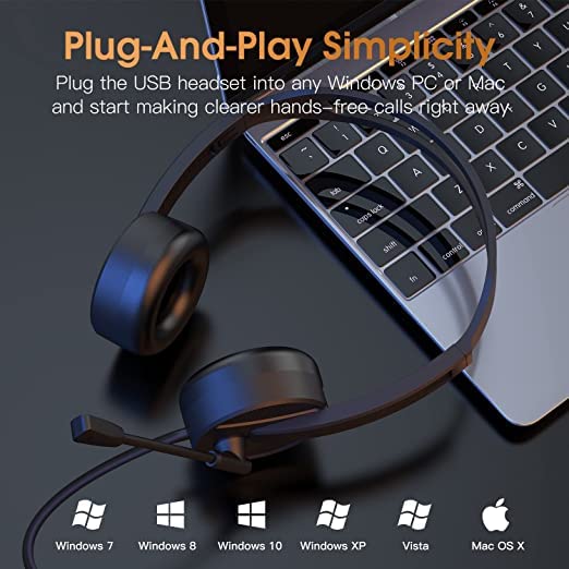 USB Headset with Microphone, USB/3.5mm Jack 2-In-1 Computer Headset with Noise Cancelling & Audio Controls for Laptop Tablet