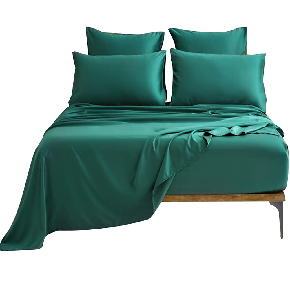 DuShow Green Satin Bed Sheets,King Size Sheets Set,Satin Silky 4 Pieces Bed Sheet Set with 15" Deep Pocket Fitted Sheet, 1 Soft Flat Sheet,2 Satin Pillowcase(Green King)