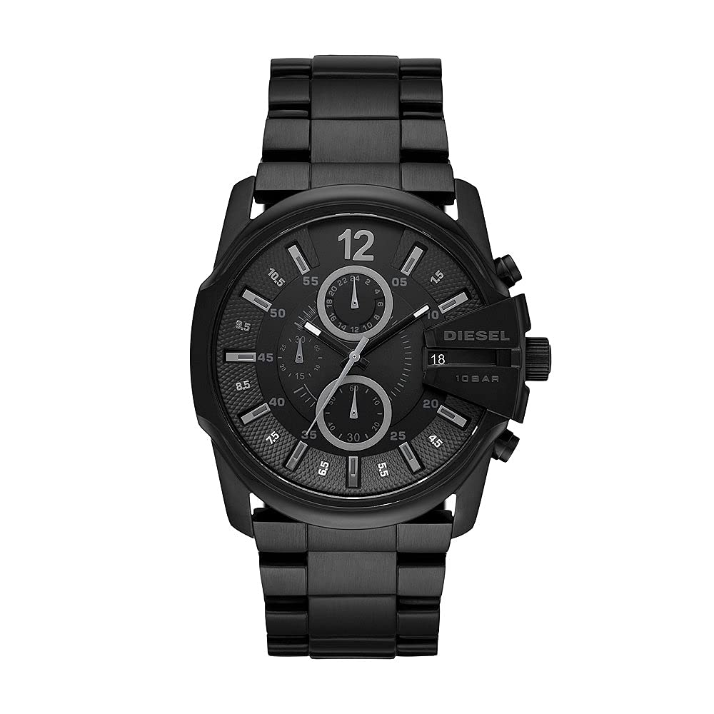 Diesel Master Chief Three Hand Watch for Men 46mm Case Size Stainless Steel Watch with Leather Strap